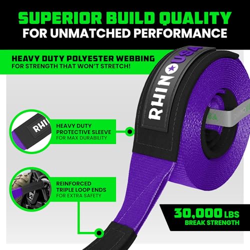Image of Rhino USA Recovery Tow Strap (3 inch x 20') - 31,518lb Break Strength - Emergency Recovery Strap Tow Rope for Truck, UTV, ATV & More - Heavy Duty Towing Strap for Offroad 4x4 Use - Compatible with Jeep