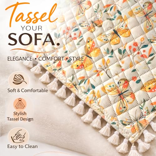 Image of HOKIPO Sunlit Butterfly L Shape (3+2 Seater) Sofa Seat Mat with Tassel| Quilted Sofa Cover Mat, 'Tassel Twigs' Series (IN-984-T3 + IN-986-T3)