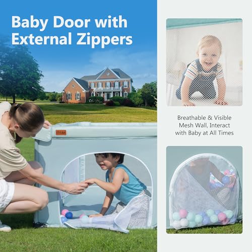 Image of Foldable Baby Playpen, Play Yard for Babies&Toddlers Indoor Outdoor | Comes with mat, 2 Pull-Up Rings & Storage Bag. Portable Playpen Baby Fence Play Area with Visible Mesh