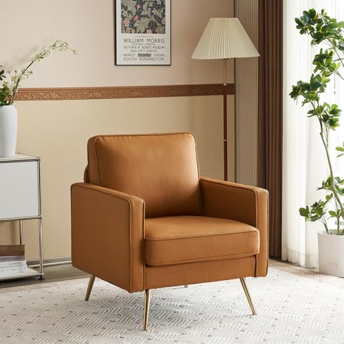 Image of VINGLI Modern Accent Chair, Upholstered Faux Leather PU Armchair with Thick Cushion & Metal Legs, Comfortable Reading Chair for Living Room, Bedroom, Office, Green