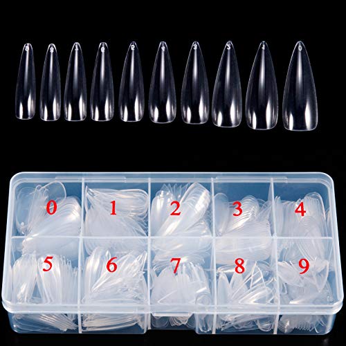 500 Piezas Uñas Postizas con Caja,Pasta Completa,10 Tamaños Uña Falsa Artificial de Acrílico Puntas para Uñas Personales o Salones de Uñas Transparente