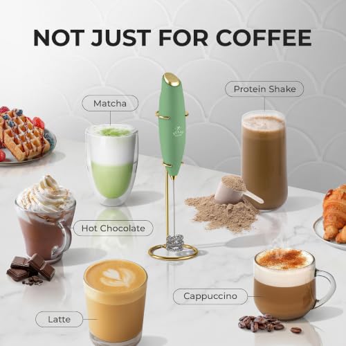 Image of Zulay Kitchen Powerful Milk Frother Wand With Duracell Batteries - Ultra Fast Handheld Drink Mixer - Electric Whisk Foam Maker for Coffee, Lattes, Cappuccino & Matcha - Triple Whisk - Olive Gold