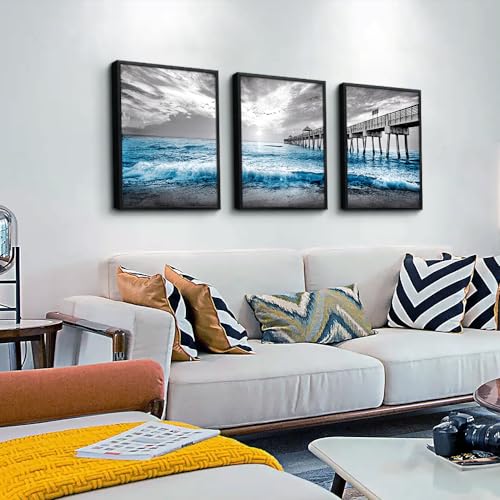 DZRWUBHS Black Framed Wall Decor For Living Room Large Canvas Wall Art For Bedroom Office Wall Decorations Black And White Wall Painting Blue Sea Wave Pictures Artwork For Posters Prints Home Decor