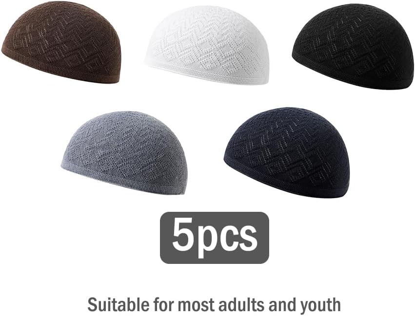 Anlising 5PCS Men Kufi Hats, Muslim Crochet Cap, Breathable Skull Beanie, Islam Beanie Hats, Muslim Kufi Cap, Stretchy Helmet Liner, Prayer Cap, Muslim Men Beanie,for Muslim,Islam,Men,Women(5 Colours) - Image 2