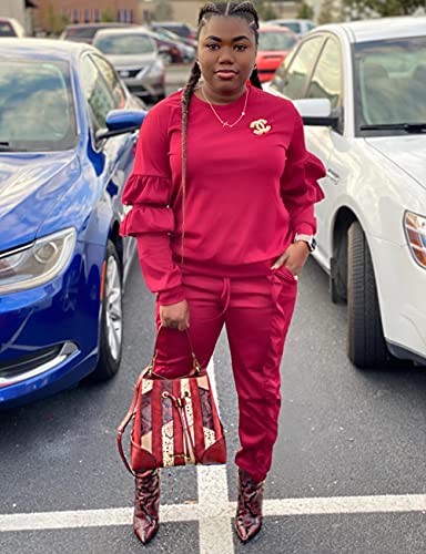 Kansoon Women 2 Pieces Outfits Puff Sleeve Sweatshirt And Long Ruffle Sweatpants Tracksuits Wine Red Medium #TOP3