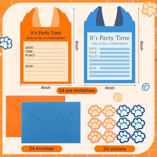Honoson 24 Set Blue Dog Party Invitations Include 24 Blue Dog Birthday Invitations Cards 24 Playful Pup Themed Envelopes 24 Pup Paw Shaped Stickers for Baby Shower Birthday Pet Cartoon Theme Party