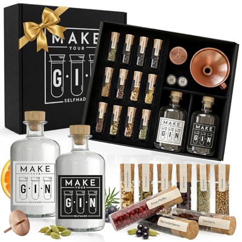 Make Your Gin Geschenkset Geschenkbox Gin zum Selbermachen - 14 Hochwertige Botanicals + Bar Trichter + Anleitung mit Rezept - 11 verschiedene Gewürze - Gin-Baukasten - Geschenk für Mann und Frau