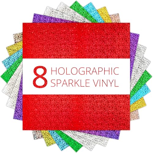 HTVRONT Holographic Permanent Vinyl - 8 Pack 12x12 Sparkle Glitter Permanent Adhesive Vinyl Sheets Compatible with Cricut Cutting Machine Holographic Glitter Sheets for Craft Projects Decor Crafts