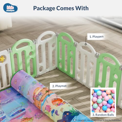 Image of Kids Station Frog Design Baby Play Yard 150 x 180 with Playmat & 20 Colourful Balls, Secure Playpen for Infants & Toddlers, Breathable Mesh, Anti-Fall, Home Use (Green)