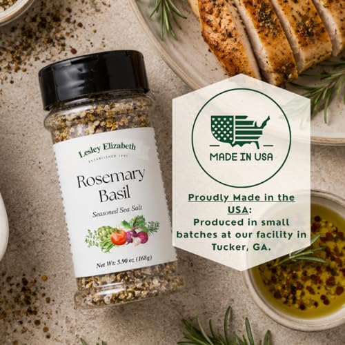 Image of Lesley Elizabeth Rosemary & Basil Seasoned Sea Salt Seasoning - Aromatic Herb & Sea Salt Blend - 8.4 oz (250 ml) PET Shaker Bottle for Poultry, Vegetables & Marinades