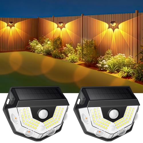 Solarlampen für Außen mit Bewegungsmelder, 2 Stück Super Helle Solar Wandleuchte Aussen Garten 3 Modi IP65 Wasserdicht Solarleuchten Außen für...