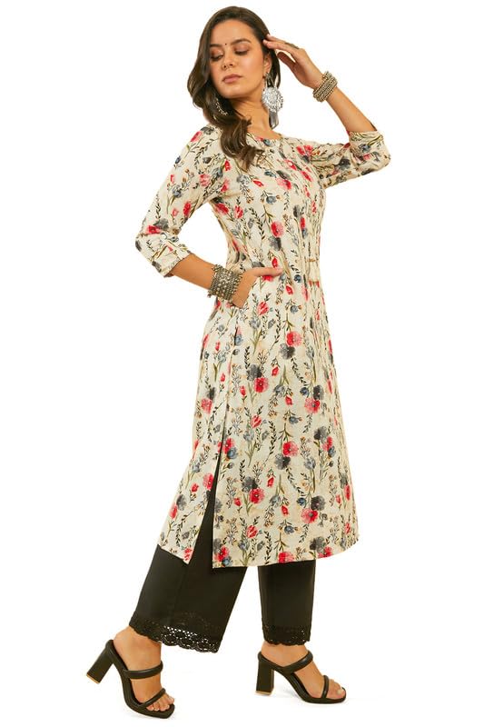 Image of Soch Womens Rayon Straight Fit Floral Print Straight Kurta with Kantha Weave