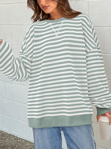 Image of PRETTYGARDEN Womens Striped Oversized Sweatshirt Color Block Crew Neck Long Sleeve Casual Loose Pullover Top Y2K Clothes
