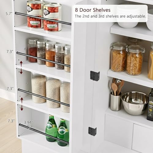 Image of Ball & Cast 72″Tall Arched Kitchen Pantry Cabinet with 8 Door Shelves & Drawers,Versatile Farmhouse Fluted Pantry Storage Cabinet w / 3 Adjustable Shelves for Kitchen,Dining Room,White