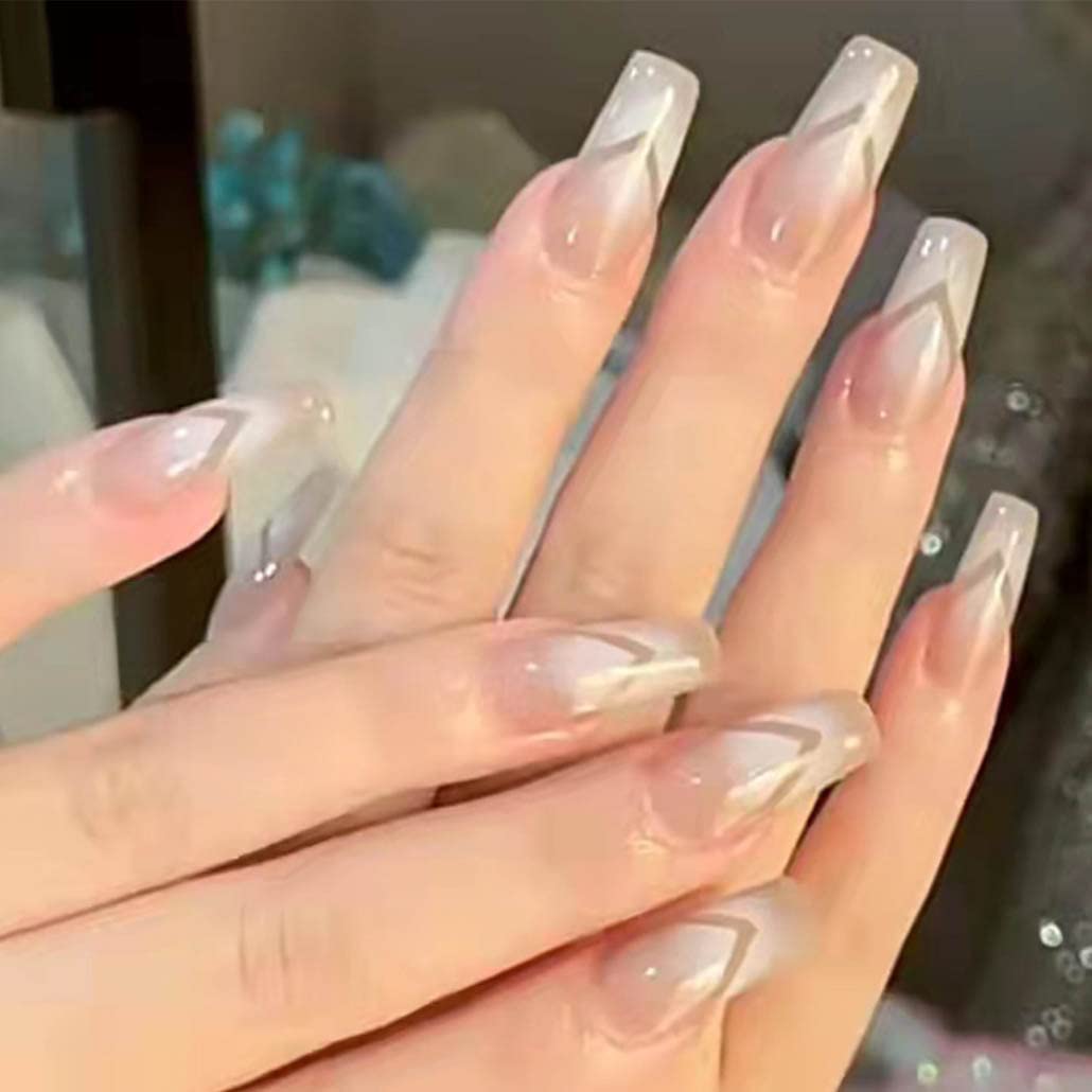 Foccna White Press on Nails Long Fake Nails Acrylic Coffin False Nails Prom Women's Nails False Nails for Nail Women and Girls -24pcs
