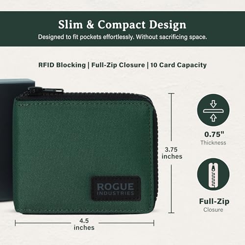 Image of ROGUE WALLET Interior Genuine Leather Wallets for Men - RFID Blocking Robust Outer Nylon Wallets - Full Cash Slot and Expandable Coin Pouch - Gift for Men (Green)