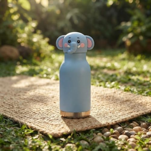 Image of JOUET 400ml Stainless Steel Water Bottle with Elephant Character Lid, Reusable Leakproof Bottle for Kids, School, Travel & Daily Hydration