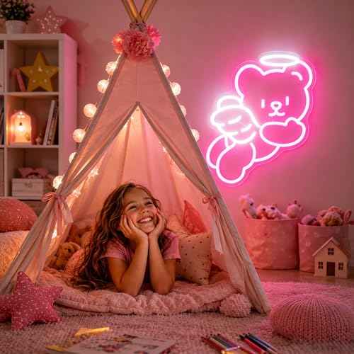 Image of Bear Angel Neon Sign Led Neon Lights Neon Signs for Wall Decor Light Up Sign for Birthday Party Club Gift