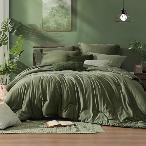 Monbix Queen Comforter Set – 7 Pieces Cationic Dyeing Olive Green Bed in a Bag Queen Bedding Sets with Comforter, Sheets, Pillowcases & Shams, Reversible Bedding Comforters Sets