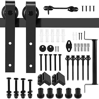BOUKIDA Sliding Door Track, Black Barn Door Hardware Kit, Sliding Wood Door Kit, Roller Door Hardware (6.6FT with Handle & Lock)