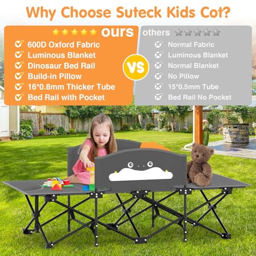 Image of Suteck Kids Camping Cot, Comfortable Toddler Cot Bed Easy to Store and Use, Portable Sleeping Cot with Guardrail, Lightweight Bed for Outdoor Indoor Home