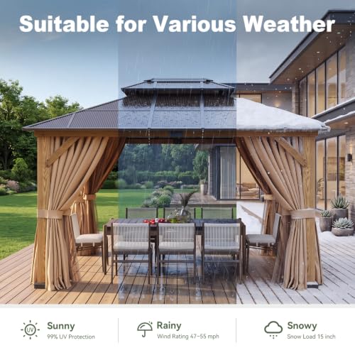 Image of Aoxun 10' x 12' Outdoor Wood Gazebo with Double Polycarbonate Top, Hardtop Gazebo Permanent Wooden Pavilion with Breathable Netting and Privacy Curtain for Patio, Garden, Deck, Cedar Wood, Natural