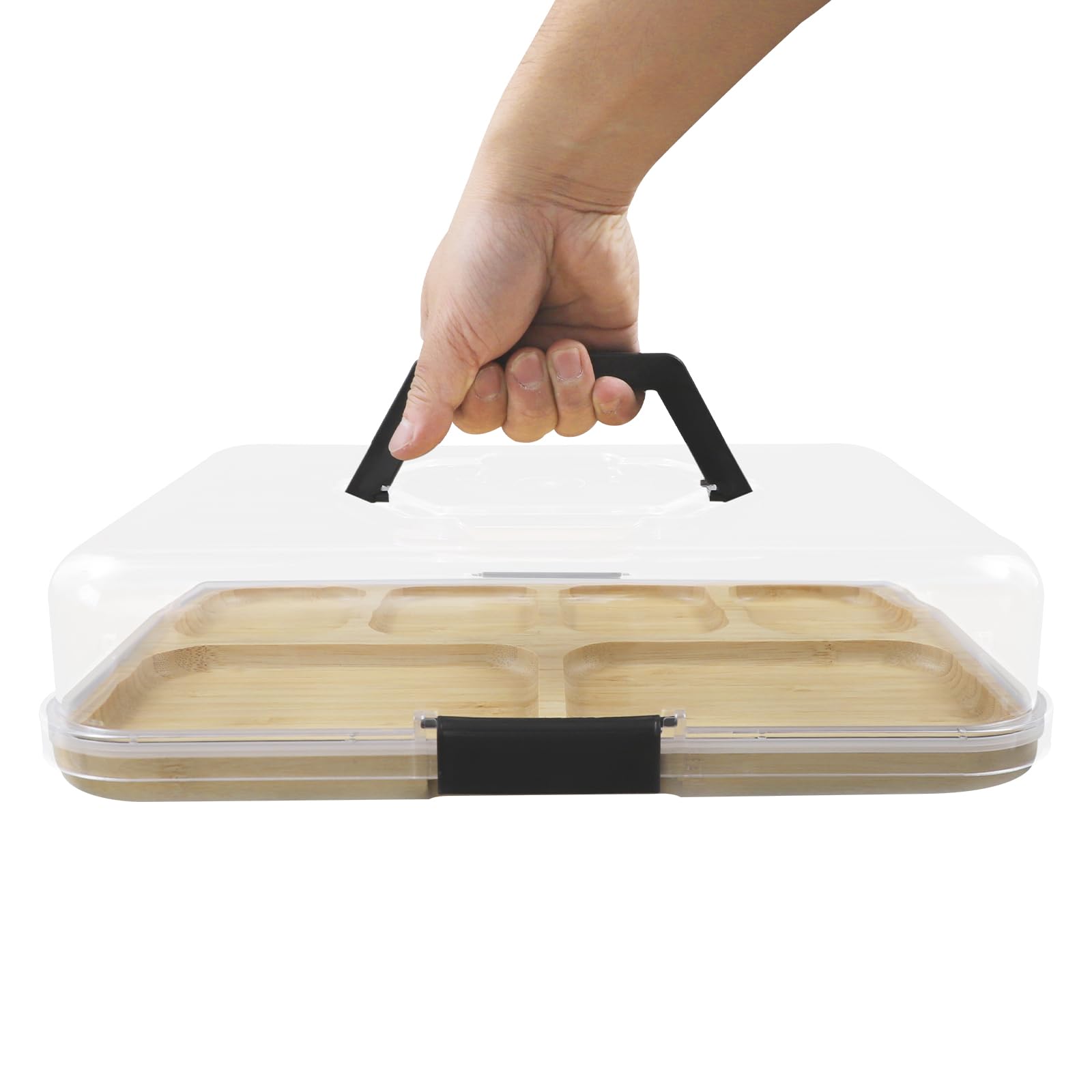 Lot de 2 planches de charcuterie avec couvercle - Planche à fromage portable avec 6 compartiments en bambou - Pour cuisine, pique-nique, fête, collation, 35 x 28 cm - Bois naturel