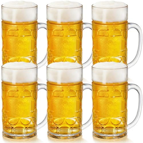 Mezchi 6 Pack Plastic Beer Mugs, 20 oz./600ml Beer Steins with Handles, Resuable Beer Drinking Cups, Clear Large Beer Mugs for Bar, Beverages, Alcohol, Freezable, BPA Free