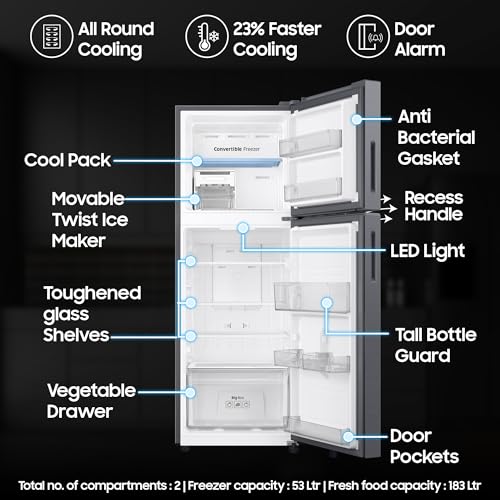 Image of Samsung 236 L, 3 Star, Convertible, Digital Inverter Frost Free Double Door Refrigerator (RT40H28U3THL, Silver, Refined Inox, 2026 Model)