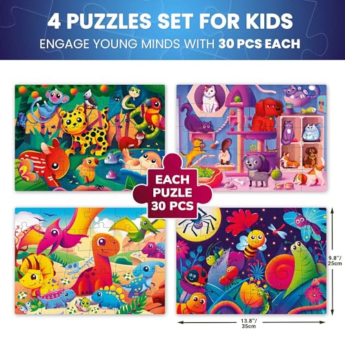 Image of QUOKKA Puzzles for Toddlers 4-6 - 4x30 Pieces Puzzles for Kids Ages 3-4 - Glow-in-The-Dark Dinosaur & Animals Learning Jigsaw Puzzle for Kids 3-5 Years Old