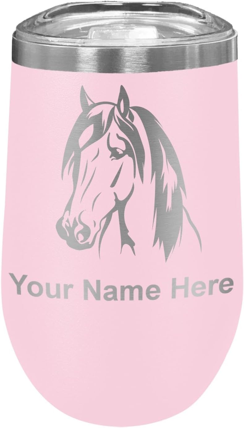 LaserGram 16oz Double Wall Stainless Steel Wine Glass Tumbler, Horse Head 1, Personalized Engraving Included (Navy Blue)