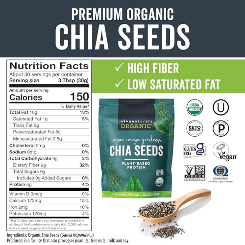 Viva Naturals Organic Chia Seeds, 2 lb (907 g) – Plant-Based Omega-3 and Vegan Protein, Gluten Free & Non-GMO, Perfect for Smoothies, Salads & Chia Pudding