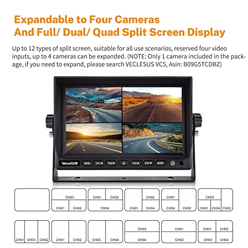 Image of Backup Camera System for Truck, VECLESUS DVR System with Brand V300 chip,VDS HD 1080P 7-Inch Backup Camera System, Waterproof Rearview Camera,4 Video 2 Audio Inputs, for Trucks, RVs,Vans,UVs,Cars