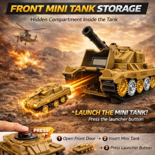 Image of TEC TAVAKKAL Battle Breakers Toy Military Tank for Kids with Mini Tank Launcher, 360 Rotating Turret & Adjustable Cannon | Action Battle Toy Vehicle with Moving Wheels for Kids (Tan)