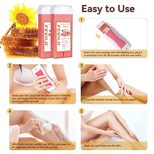 Image of Roll On Waxing Kit for Sensitive Skin - Hair Removal with 2 Rose Soft Wax Cartridges and 100 Non-Woven Wax Strips, 10 Wipes