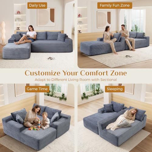 Image of 96 inch Boneless Cloud Sectional Couches for Living Room, Comfy Fluffy L Shaped Memory Foam Deep Seat Boneless Couch, Modular Sectional Sofa with Left Facing Chaise, Grey