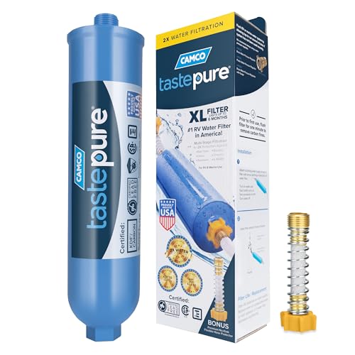 Camco Tastepure XL RV Water Filter - Reliable RV Inline Water Filter with Flexible Hose Protector - GAC & KDF Water Filtration - Made in USA - Camping Essentials for Fresh Drinking Water (40019)