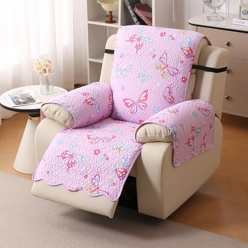 Image of HOKIPO 'FloraWave Series' Recliner Sofa Slipcover Mat for 1 Seater | 1-Piece Design & Dual Belt Protection to Avoid Slipping of Cover, Blush Pink Butterfly (AR-6264-D4)