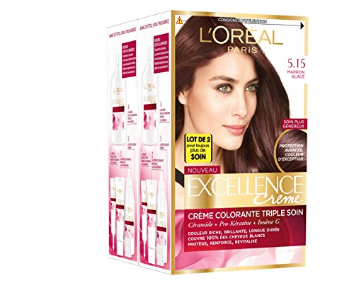 L'Oréal Paris - Excellence Crème - Coloration Permanente Triple Soin 100% Couverture Cheveux Blancs - Nuance 5,15 Marron Glacé - Lot de 2