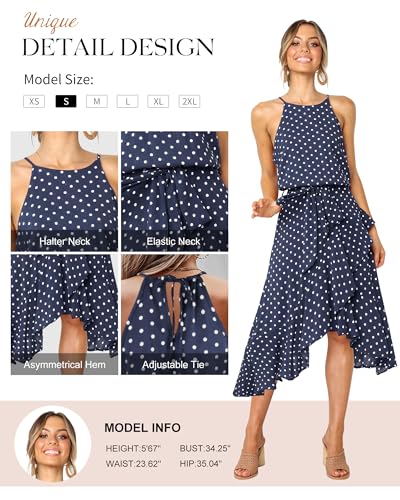 Image of ECOWISH Polka Dot Women Summer Dresses Casual Midi A Line Ruffle High Low Sleeveless Boho Floral Halterneck Cocktail Sundress