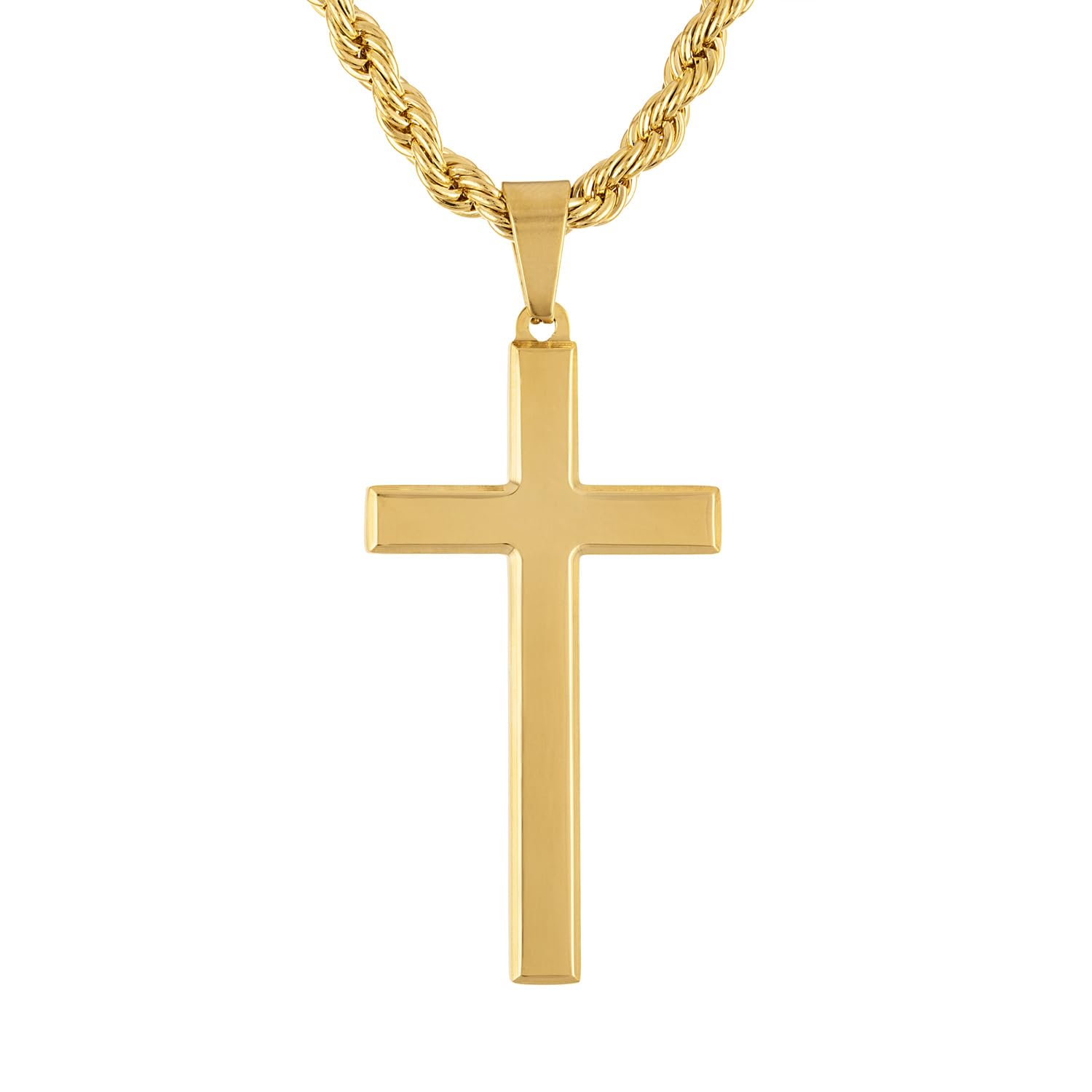 Angelus de Leon 14K Gold Plated Chain Style Cross Pendant Necklace Solid Clasp Stainless Steel for Men,Women,Teens Religious for Charms Miami Cuban