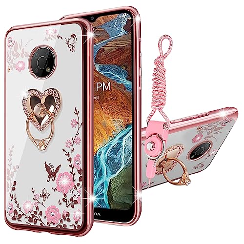 KuDiNi for Nokia G300 Case Nokia G300 5G Phone Case for Women Glitter Crystal Soft Bling Butterfly Heart Floral Clear Protective Cover with Kickstand+Strap for Nokia G300 5G 6.5N1374DL(Rose Gold)