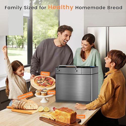 Image of KBS 710W 2LB Bread Maker Dual Heaters, 17-in-1 Stainless Steel Bread Machine with Healthy Ceramic Pan, Automatic Nut Dispenser, Tempered Glass Touch Panel, 3 Crust Colors, 15H Timer& Keep-Warm,Recipes