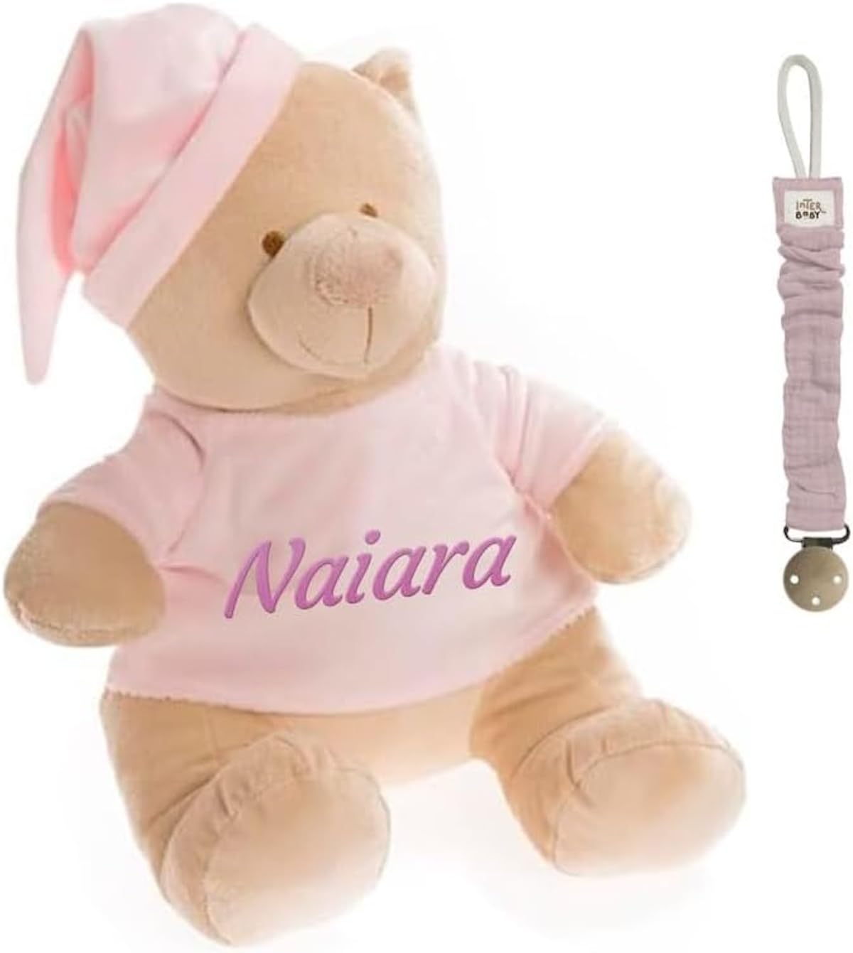 Danielstore Oso de Peluche Personalizado para Bebé Personalizado el Nombre del recién Nacido Bordado Regalo Recién Nacido Chupetero de Muselina de Regalo(Rosa)