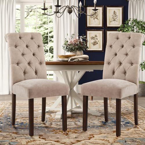 Image of Tufted Dining Chairs Set of 2, Upholstered Parsons Dining Room Chairs, Fabric Kitchen Side Chair with Wood Legs, Taupe