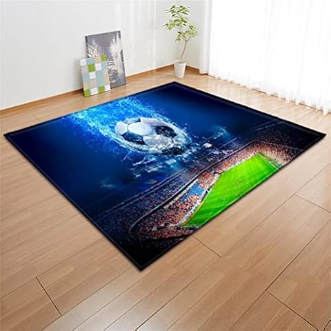 PEIHUODAN 3D Football Living Room Carpet Gaming Boy Teenager Bedroom Carpet Non-slip Green Football Field Football Sports Gaming Graffiti Kids Room Decoration Area Rugs Washable (Blue,150 x 200 cm) Cover