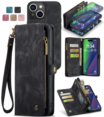 Lxisxcna iPhone 15 Wallet Case,iPhone 15 Zipper Folio Leather Case Wallet with Card Holder Strap Wristlet Detachable Magnetic Protective Back Case for iPhone 15 5G 6.1 Inch (Black)