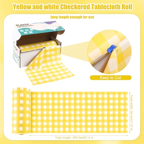Image of Kochorie 54 Inch x 300 Ft Light Yellow Checkered Plastic Table Cloth Roll Disposable Waterproof Table Cover Plastic Table Cover Roll with Easy Slide Cutter for Outdoor Picnic /Home Dining /Spring Party