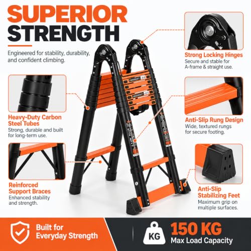 Equal 24.5 Feet (7.4m) Carbon Steel A Type Telescopic Ladder | Self-Supporting A-Frame | 18 Steps (Dual-Sided) Foldable Heavy Duty Ladder | 150kg Capacity | 2-Year Warranty - Image 4