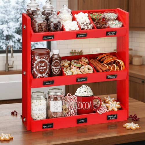 Thyle Christmas Hot Cocoa Bar Wood Storage Box with 9 Compartment 3 Tier Hot Chocolate Bar Supplies Organizer Vintage Accessories for Home Xmas Holiday Gift Party Decor